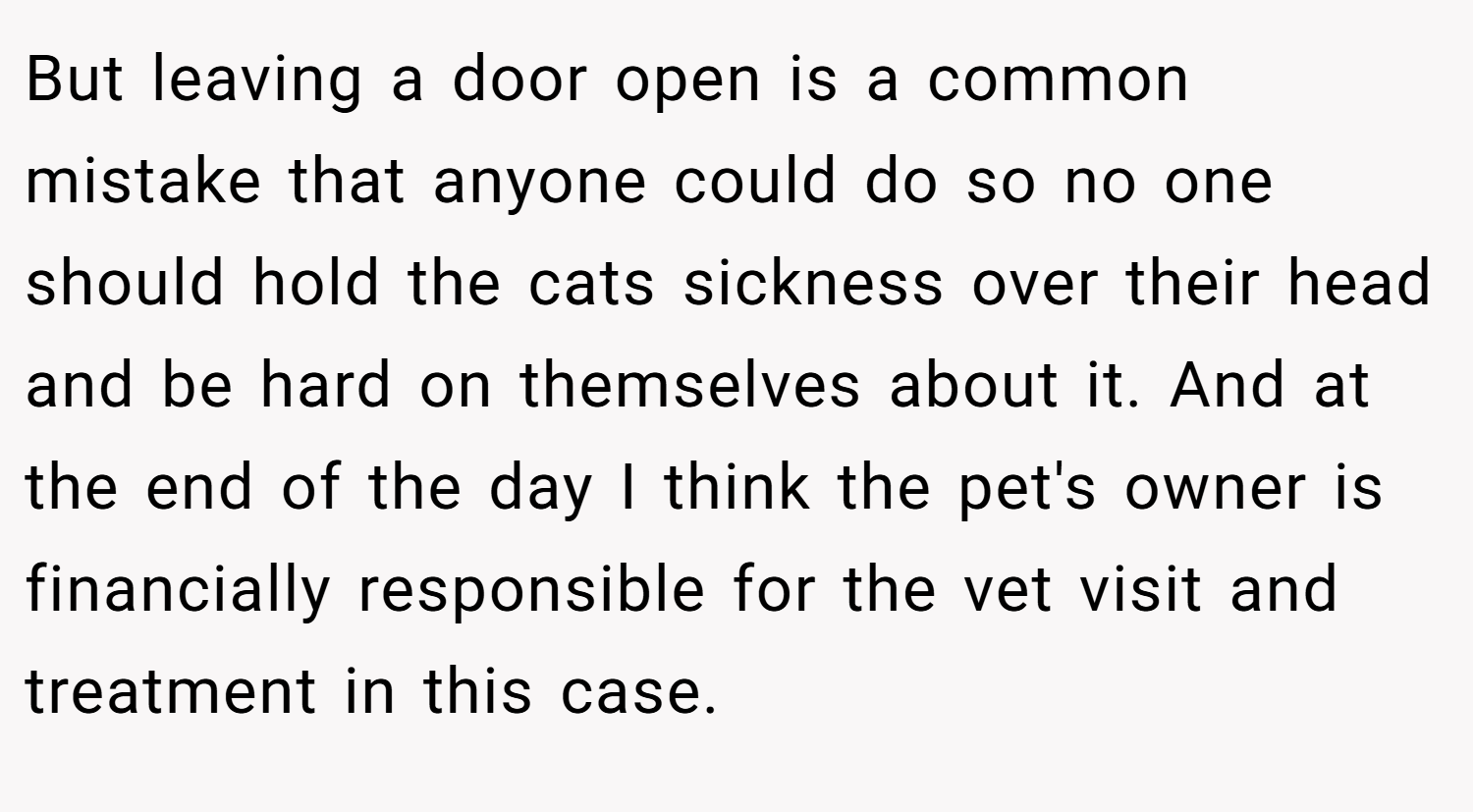 But leaving a door open is a common mistake that anyone could do so no one should hold the cats sickness over their head and be hard on themselves about it. And at the end of the day I think the pet's owner is financially responsible for the vet visit and treatment in this case.