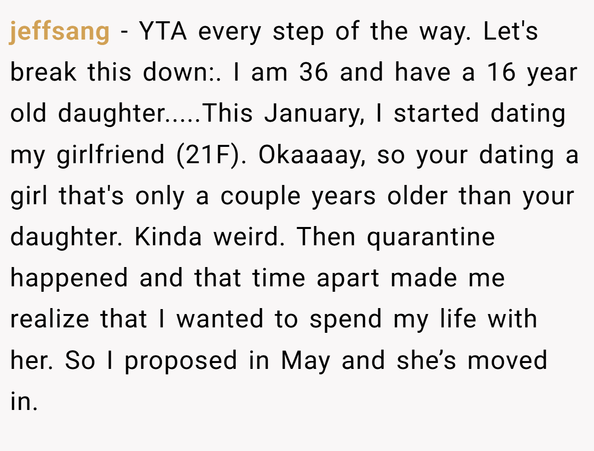 jeffsang − YTA every step of the way. Let's break this down:. I am 36 and have a 16 year old daughter.....This January, I started dating my girlfriend (21F). Okaaaay, so your dating a girl that's only a couple years older than your daughter. Kinda weird. Then quarantine happened and that time apart made me realize that I wanted to spend my life with her. So I proposed in May and she’s moved in.