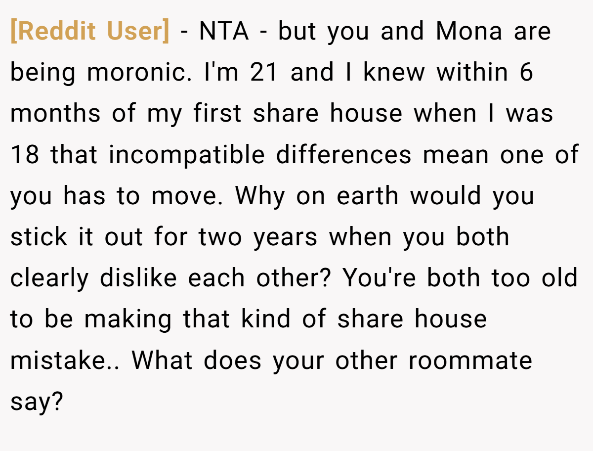 [Reddit User] − NTA - but you and Mona are being moronic. I'm 21 and I knew within 6 months of my first share house when I was 18 that incompatible differences mean one of you has to move. Why on earth would you stick it out for two years when you both clearly dislike each other? You're both too old to be making that kind of share house mistake.. What does your other roommate say?
