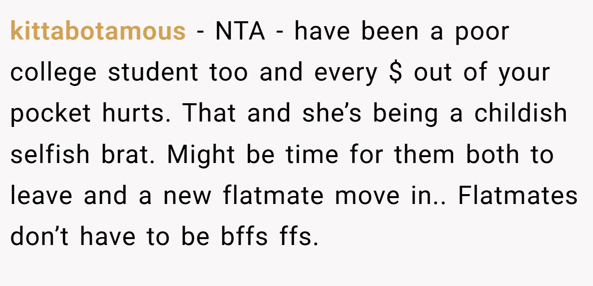 kittabotamous − NTA - have been a poor college student too and every $ out of your pocket hurts. That and she’s being a childish selfish brat. Might be time for them both to leave and a new flatmate move in.. Flatmates don’t have to be bffs ffs.