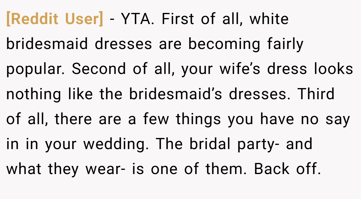 [Reddit User] - YTA. First of all, white bridesmaid dresses are becoming fairly popular. Second of all, your wife’s dress looks nothing like the bridesmaid’s dresses. Third of all, there are a few things you have no say in in your wedding. The bridal party- and what they wear- is one of them. Back off.