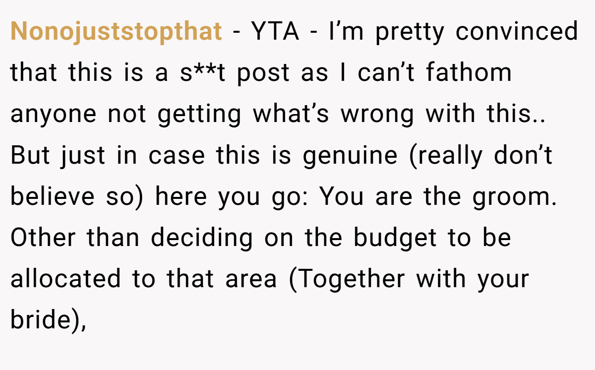 Nonojuststopthat - YTA - I’m pretty convinced that this is a s**t post as I can’t fathom anyone not getting what’s wrong with this.. But just in case this is genuine (really don’t believe so) here you go: You are the groom. Other than deciding on the budget to be allocated to that area (Together with your bride),