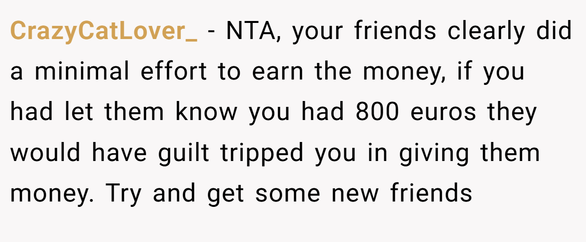 CrazyCatLover_ - NTA, your friends clearly did a minimal effort to earn the money, if you had let them know you had 800 euros they would have guilt tripped you in giving them money. Try and get some new friends