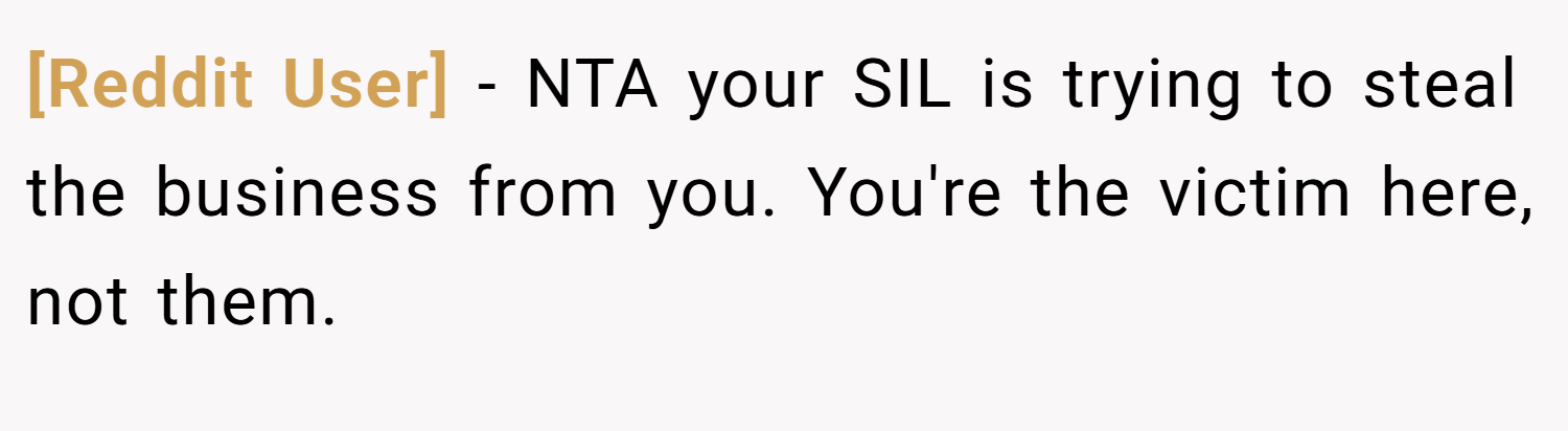 [Reddit User] − NTA your SIL is trying to steal the business from you. You're the victim here, not them.