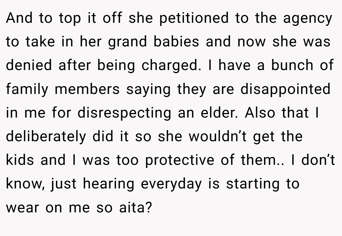And to top it off she petitioned to the agency to take in her grand babies and now she was denied after being charged. I have a bunch of family members saying they are disappointed in me for disrespecting an elder. Also that I deliberately did it so she wouldn’t get the kids and I was too protective of them.. I don’t know, just hearing everyday is starting to wear on me so aita?