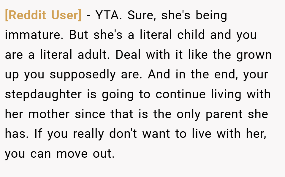 [Reddit User] − YTA. Sure, she's being immature. But she's a literal child and you are a literal adult. Deal with it like the grown up you supposedly are. And in the end, your stepdaughter is going to continue living with her mother since that is the only parent she has. If you really don't want to live with her, you can move out.