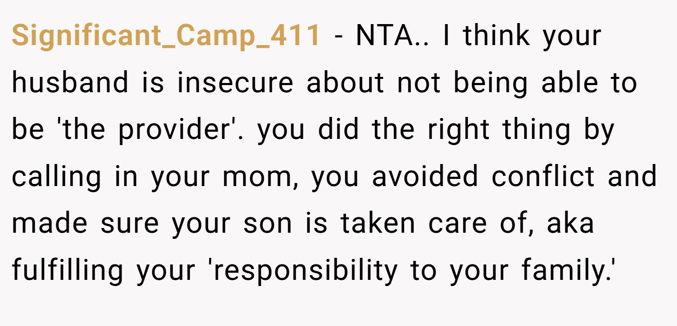 Significant_Camp_411 − NTA.. I think your husband is insecure about not being able to be 'the provider'. you did the right thing by calling in your mom, you avoided conflict and made sure your son is taken care of, aka fulfilling your 'responsibility to your family.'