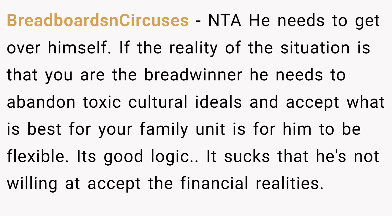 BreadboardsnCircuses − NTA He needs to get over himself. If the reality of the situation is that you are the breadwinner he needs to abandon toxic cultural ideals and accept what is best for your family unit is for him to be flexible. Its good logic.. It sucks that he's not willing at accept the financial realities.