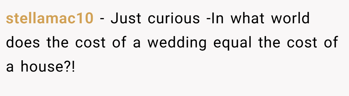 stellamac10 − Just curious -In what world does the cost of a wedding equal the cost of a house?!