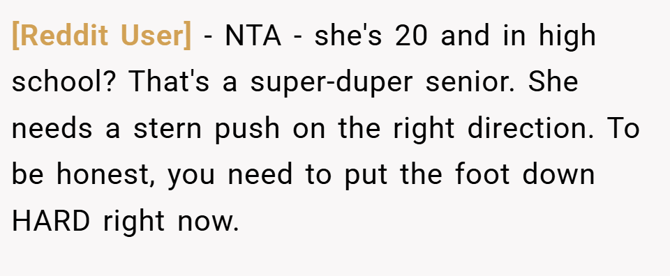 [Reddit User] − NTA - she's 20 and in high school? That's a super-duper senior. She needs a stern push on the right direction. To be honest, you need to put the foot down HARD right now.