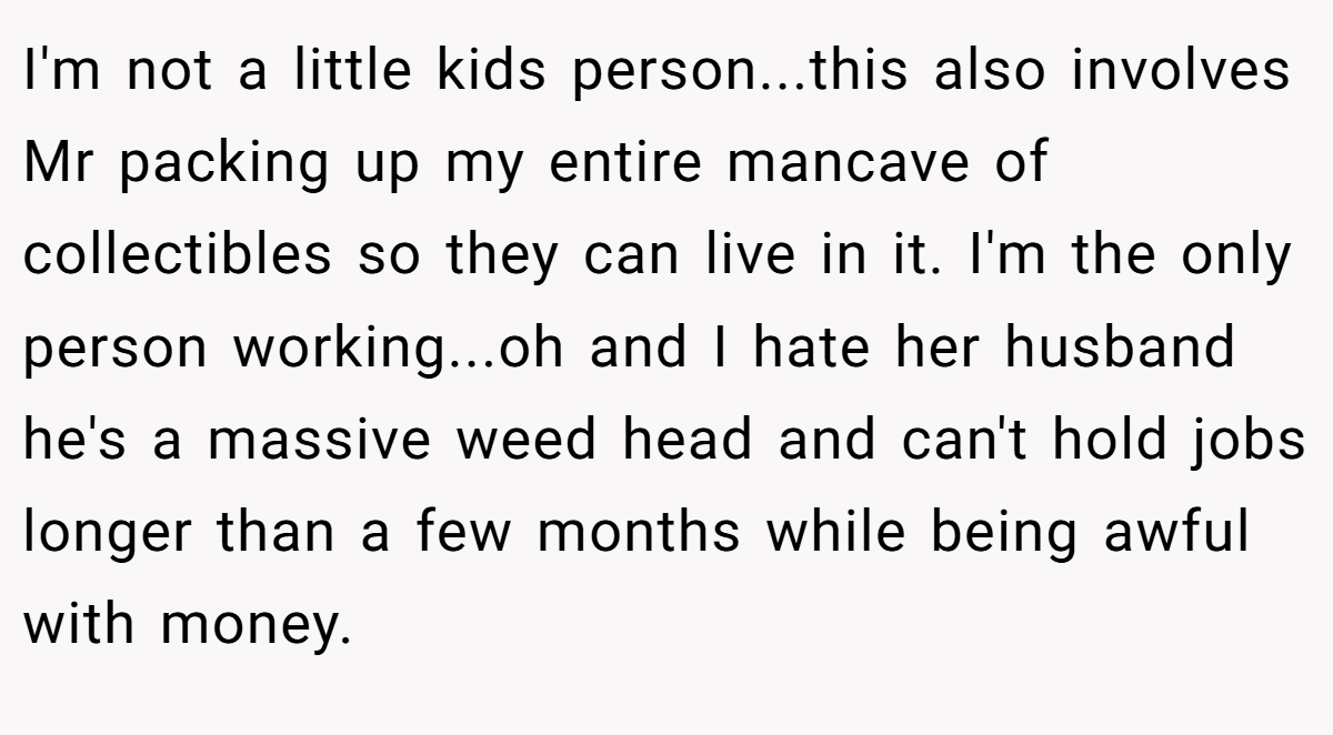 I'm not a little kids person...this also involves Mr packing up my entire mancave of collectibles so they can live in it. I'm the only person working...oh and I hate her husband he's a massive weed head and can't hold jobs longer than a few months while being awful with money.