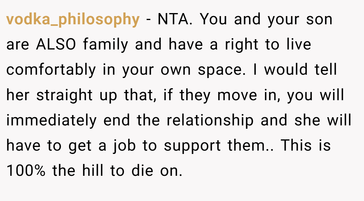 vodka_philosophy - NTA. You and your son are ALSO family and have a right to live comfortably in your own space. I would tell her straight up that, if they move in, you will immediately end the relationship and she will have to get a job to support them.. This is 100% the hill to die on.