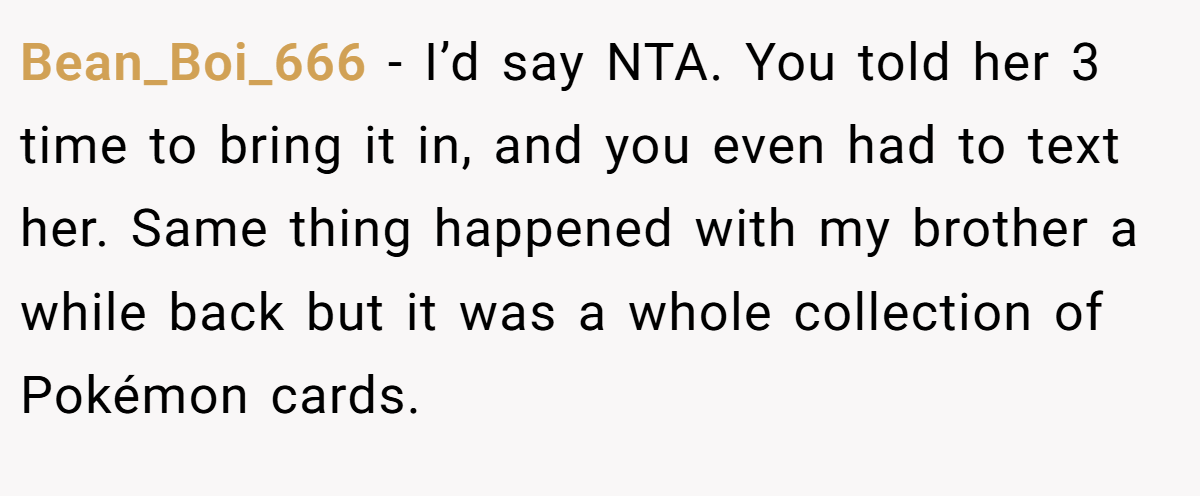 Bean_Boi_666 − I’d say NTA. You told her 3 time to bring it in, and you even had to text her. Same thing happened with my brother a while back but it was a whole collection of Pokémon cards.