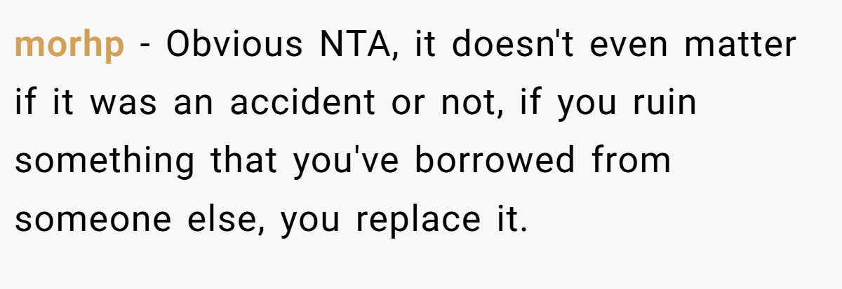 morhp − Obvious NTA, it doesn't even matter if it was an accident or not, if you ruin something that you've borrowed from someone else, you replace it.