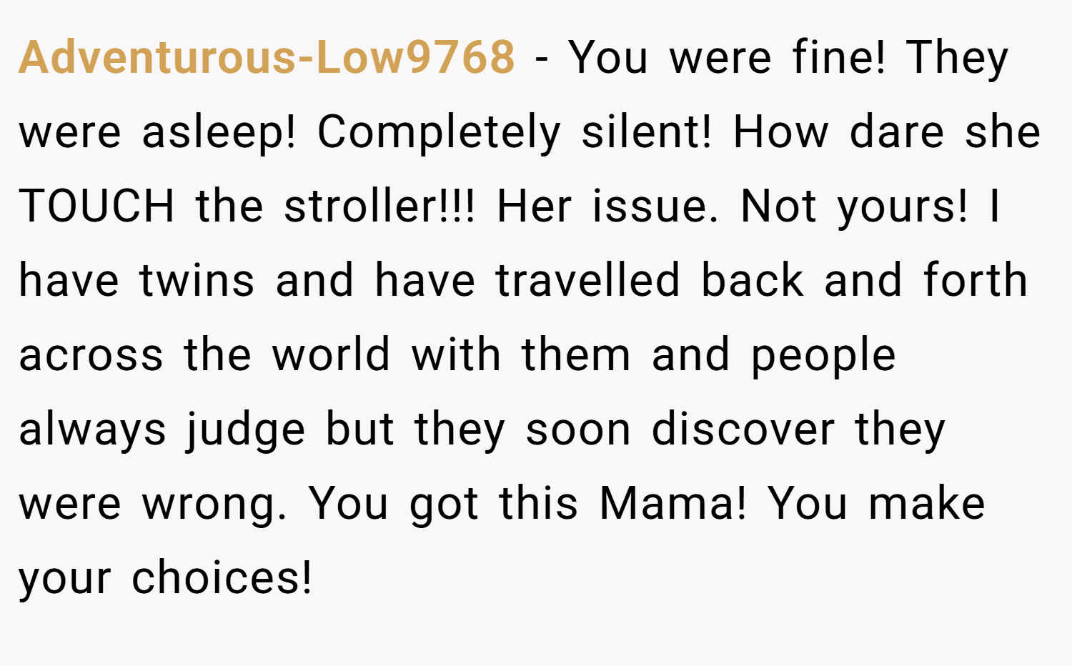 Adventurous-Low9768 − You were fine! They were asleep! Completely silent! How dare she TOUCH the stroller!!! Her issue. Not yours! I have twins and have travelled back and forth across the world with them and people always judge but they soon discover they were wrong. You got this Mama! You make your choices!