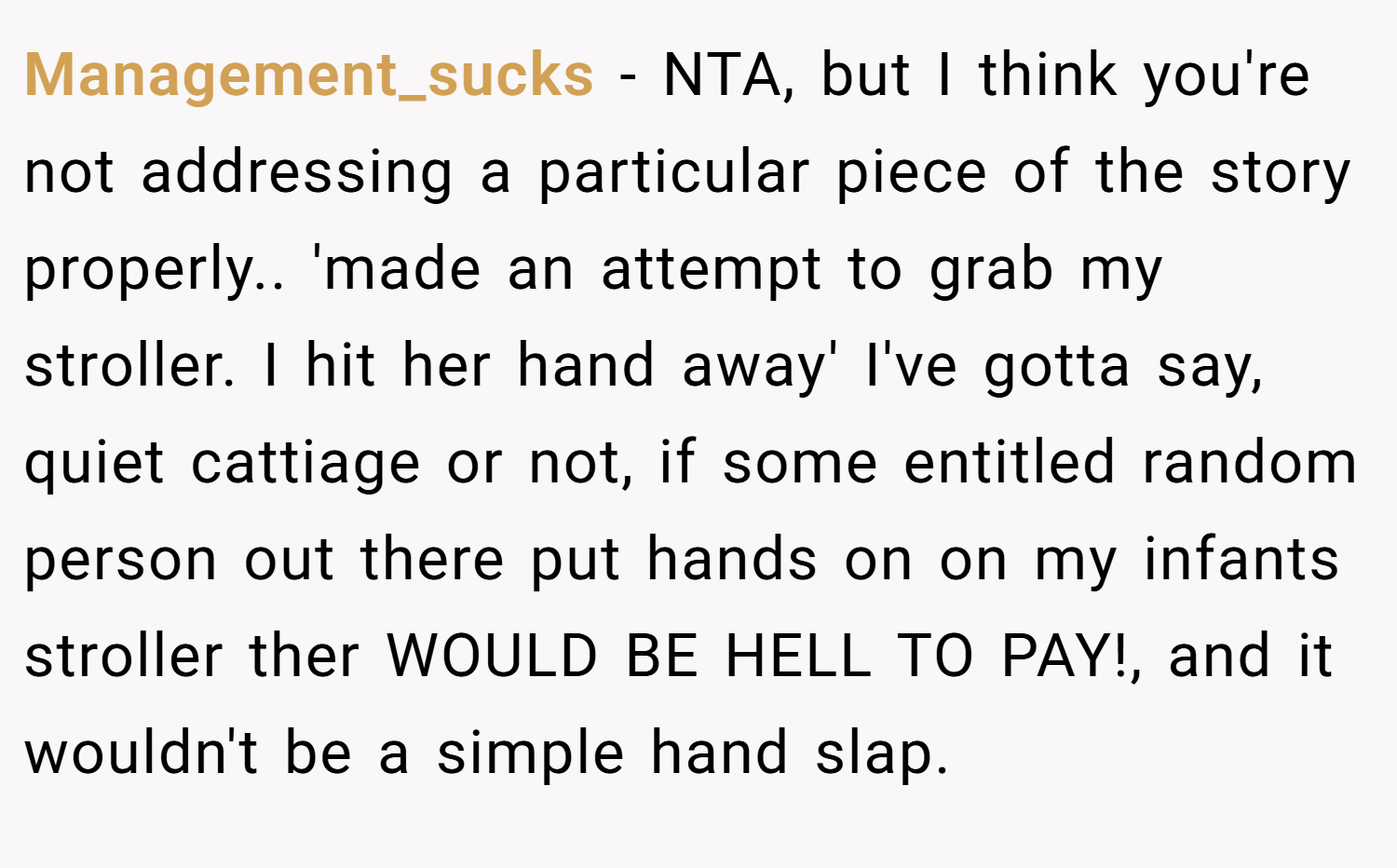 Management_sucks − NTA, but I think you're not addressing a particular piece of the story properly.. 'made an attempt to grab my stroller. I hit her hand away' I've gotta say, quiet cattiage or not, if some entitled random person out there put hands on on my infants stroller ther WOULD BE HELL TO PAY!, and it wouldn't be a simple hand slap.