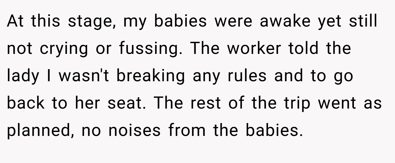 At this stage, my babies were awake yet still not crying or fussing. The worker told the lady I wasn't breaking any rules and to go back to her seat. The rest of the trip went as planned, no noises from the babies.