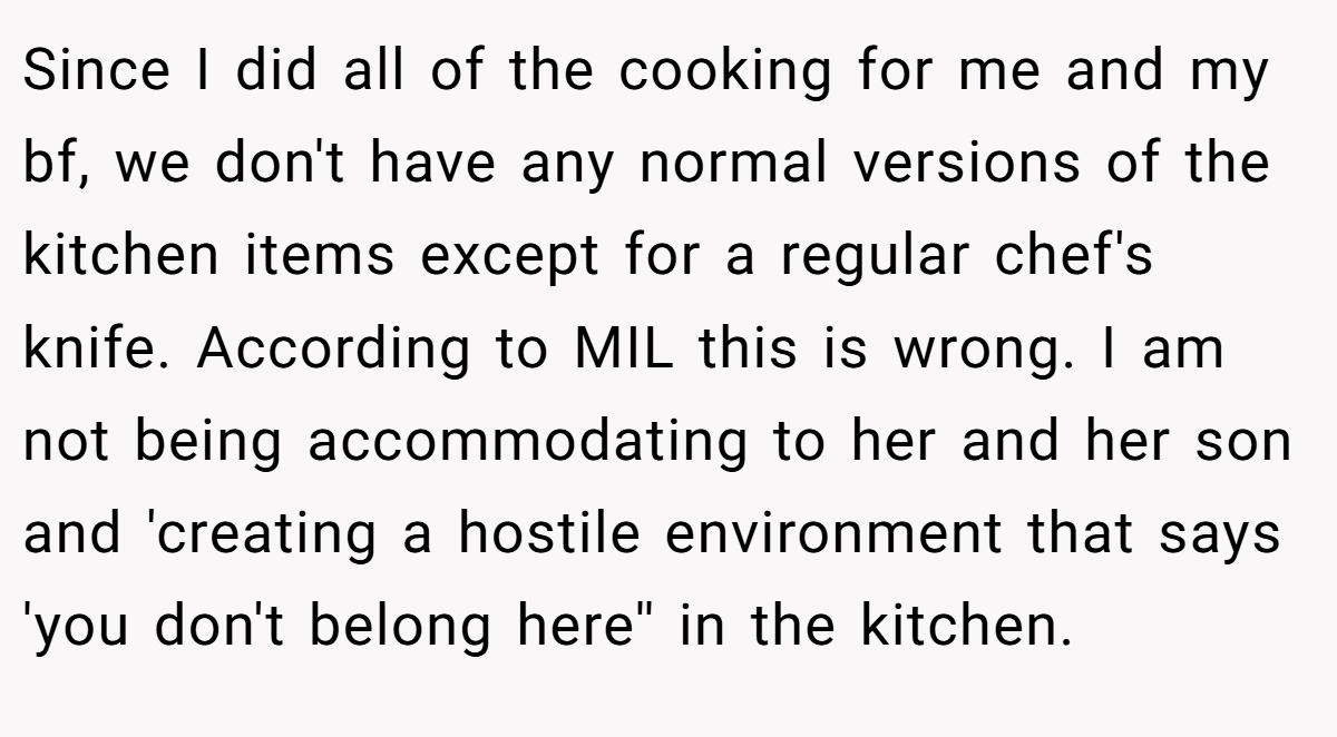 Since I did all of the cooking for me and my bf, we don't have any normal versions of the kitchen items except for a regular chef's knife. According to MIL this is wrong. I am not being accommodating to her and her son and 'creating a hostile environment that says 'you don't belong here'' in the kitchen.