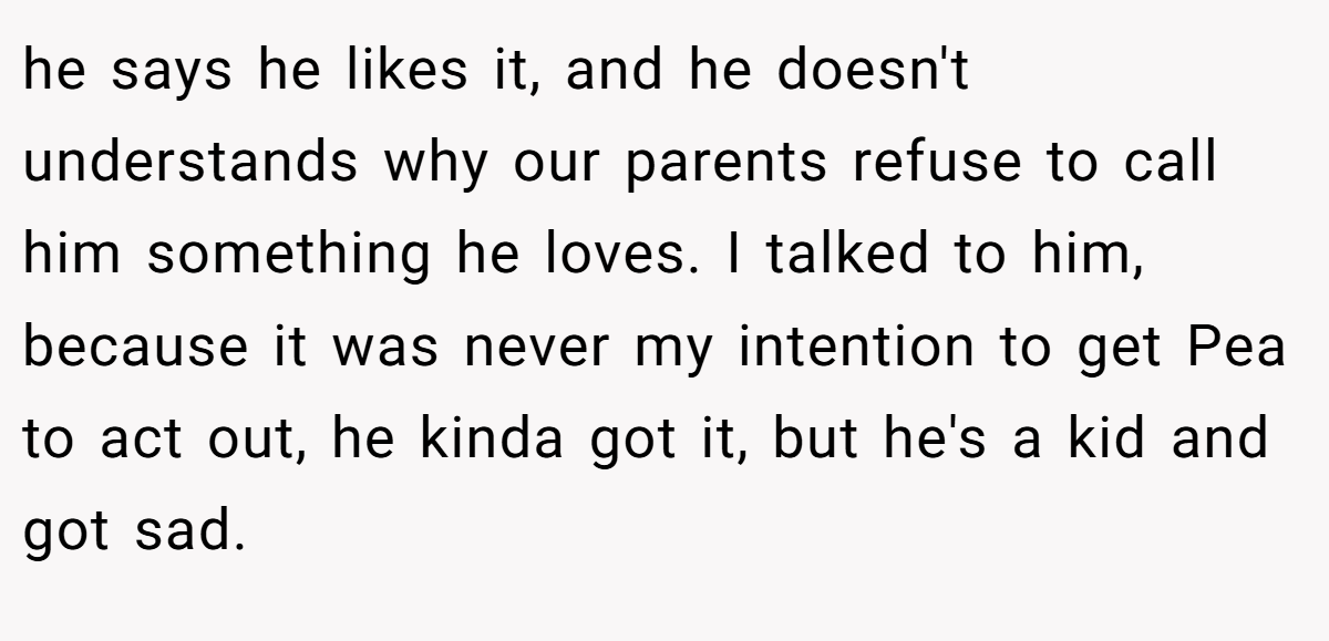 he says he likes it, and he doesn't understands why our parents refuse to call him something he loves. I talked to him, because it was never my intention to get Pea to act out, he kinda got it, but he's a kid and got sad.