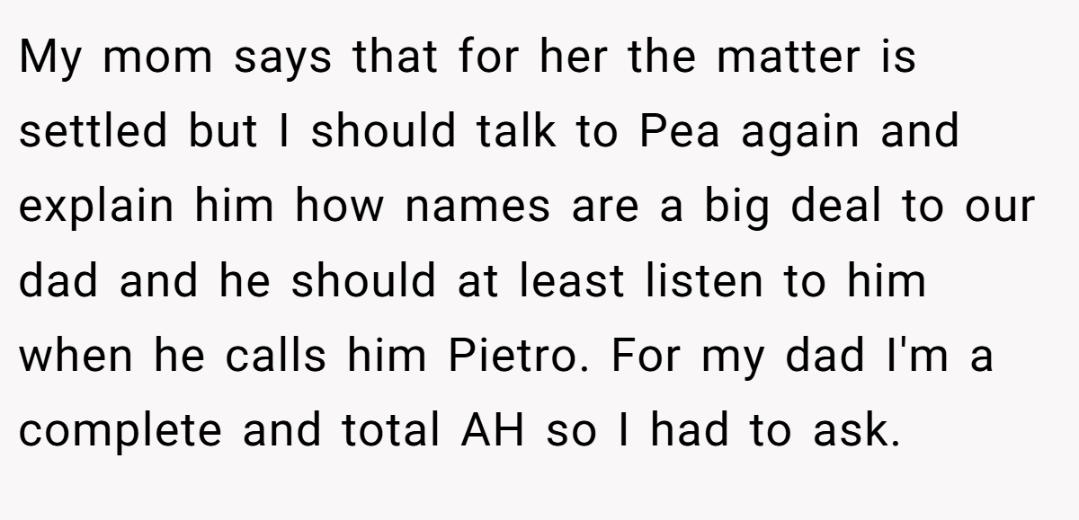 My mom says that for her the matter is settled but I should talk to Pea again and explain him how names are a big deal to our dad and he should at least listen to him when he calls him Pietro. For my dad I'm a complete and total AH so I had to ask.