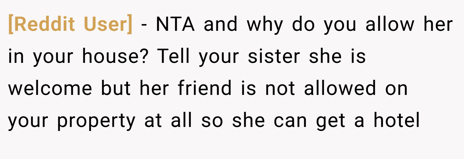 [Reddit User] − NTA and why do you allow her in your house? Tell your sister she is welcome but her friend is not allowed on your property at all so she can get a hotel