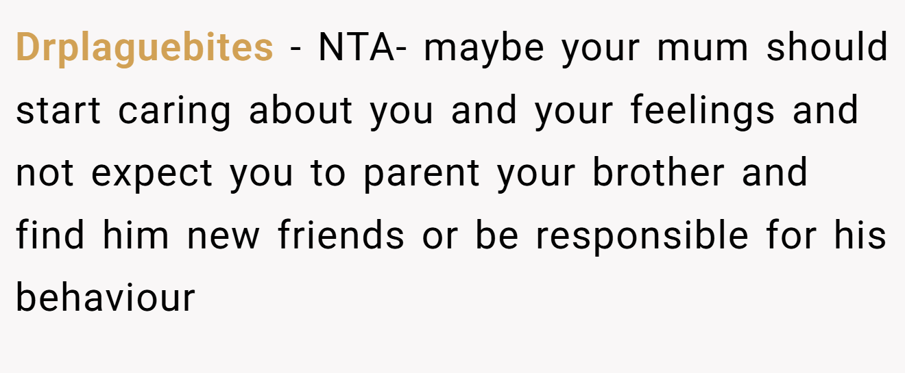 Drplaguebites − NTA- maybe your mum should start caring about you and your feelings and not expect you to parent your brother and find him new friends or be responsible for his behaviour