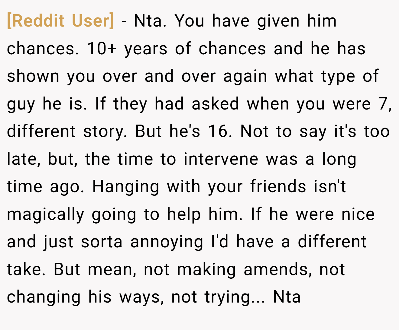 [Reddit User] − Nta. You have given him chances. 10+ years of chances and he has shown you over and over again what type of guy he is. If they had asked when you were 7, different story. But he's 16. Not to say it's too late, but, the time to intervene was a long time ago. Hanging with your friends isn't magically going to help him. If he were nice and just sorta annoying I'd have a different take. But mean, not making amends, not changing his ways, not trying... Nta