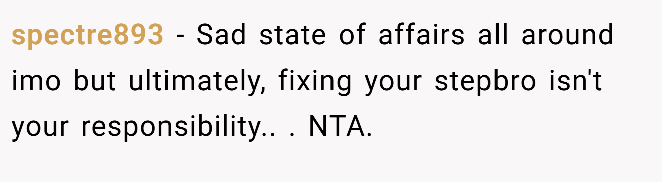 spectre893 − Sad state of affairs all around imo but ultimately, fixing your stepbro isn't your responsibility.. ​. NTA.