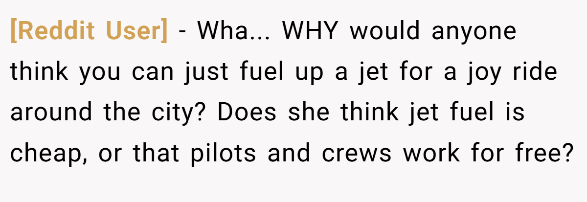 [Reddit User] − Wha... WHY would anyone think you can just fuel up a jet for a joy ride around the city? Does she think jet fuel is cheap, or that pilots and crews work for free?