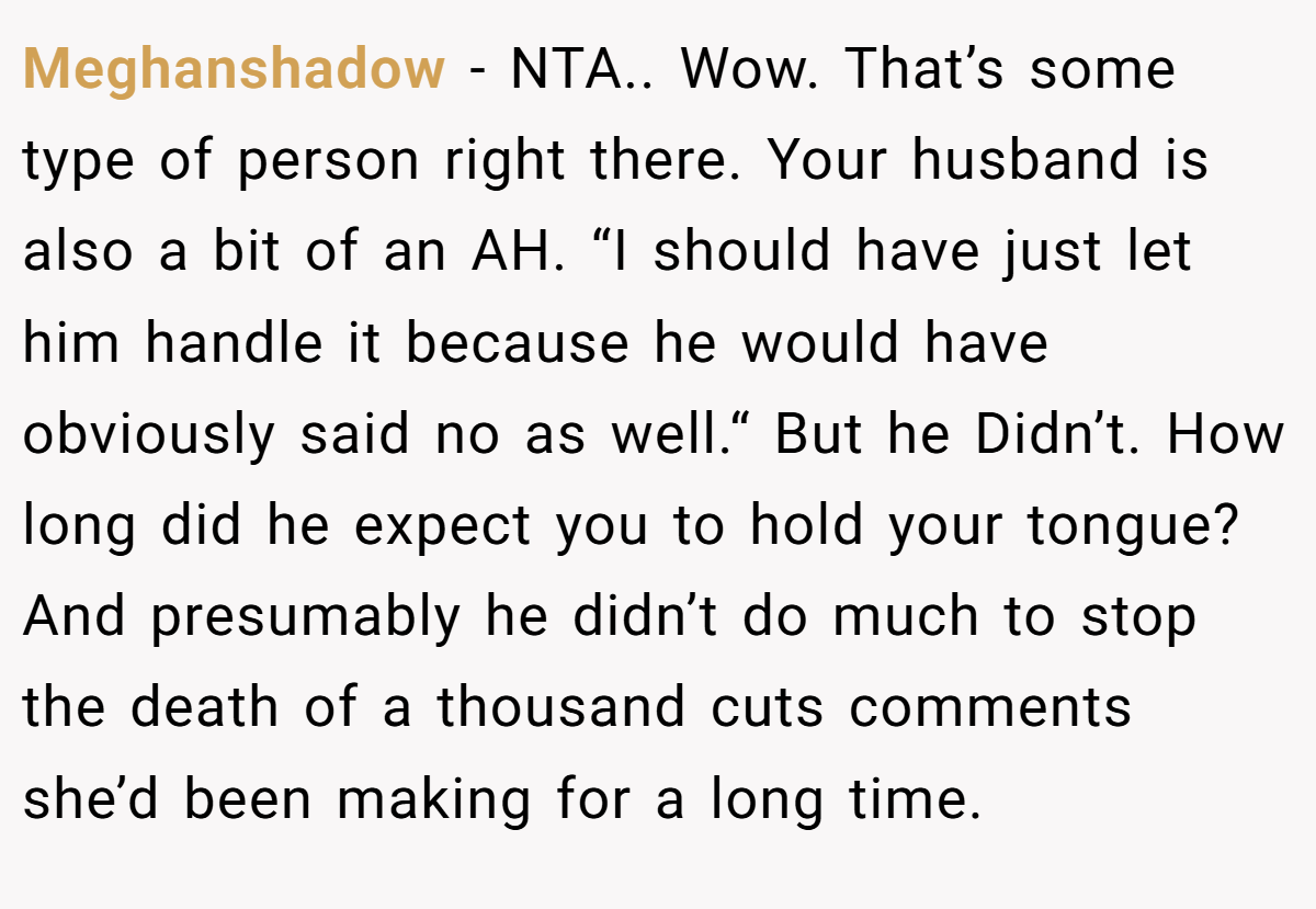 Meghanshadow - NTA.. Wow. That’s some type of person right there. Your husband is also a bit of an AH. “I should have just let him handle it because he would have obviously said no as well.“ But he Didn’t. How long did he expect you to hold your tongue? And presumably he didn’t do much to stop the death of a thousand cuts comments she’d been making for a long time.