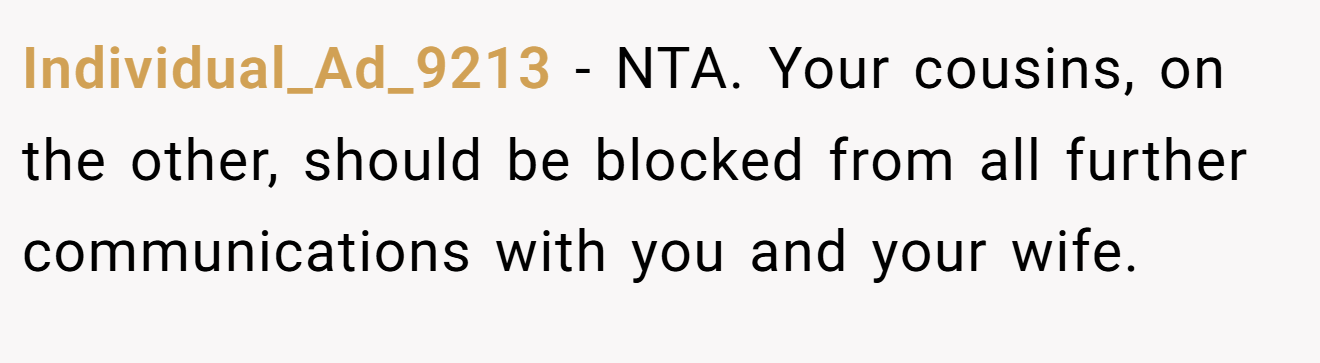 Individual_Ad_9213 - NTA. Your cousins, on the other, should be blocked from all further communications with you and your wife.