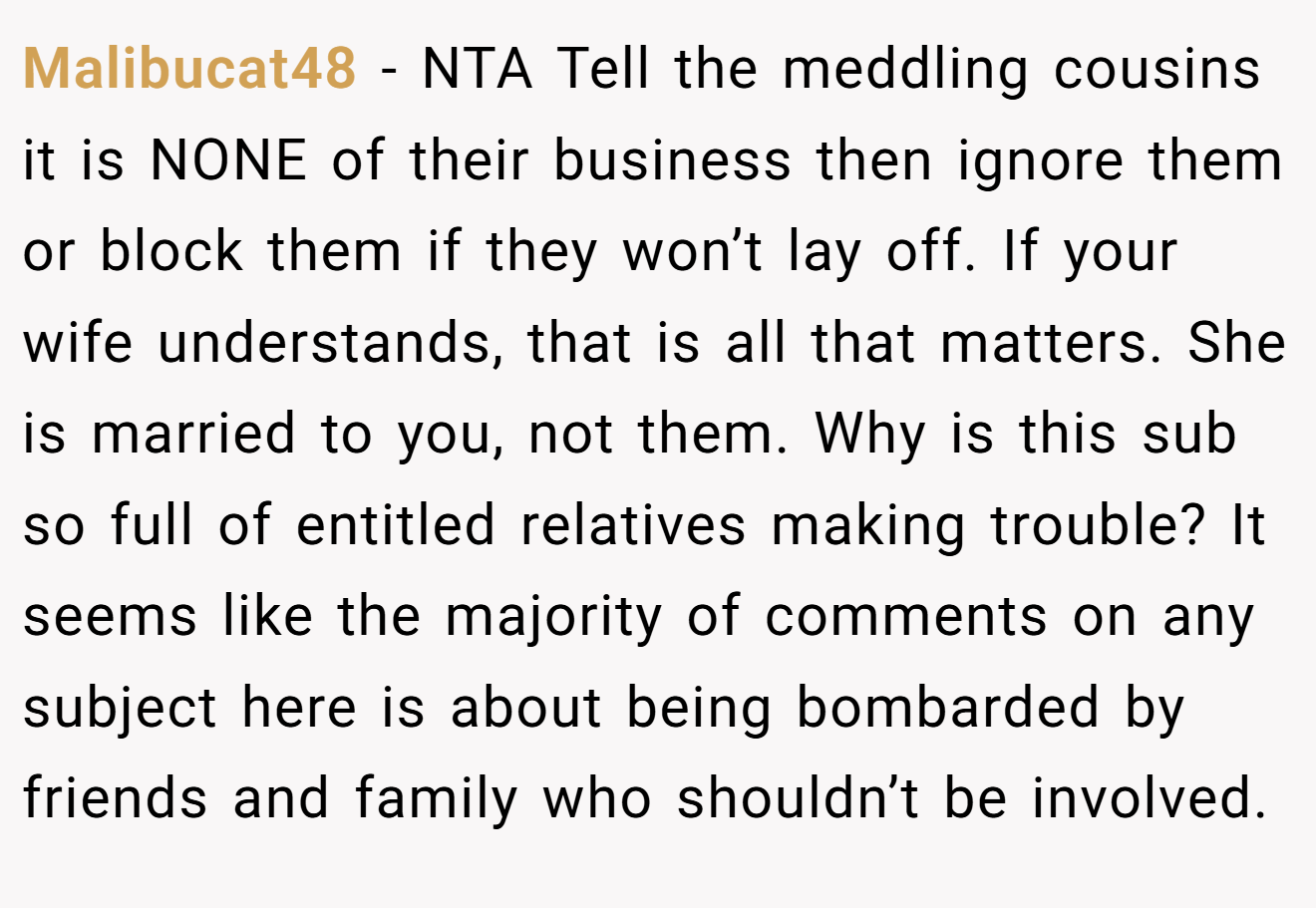 Malibucat48 - NTA Tell the meddling cousins it is NONE of their business then ignore them or block them if they won’t lay off. If your wife understands, that is all that matters. She is married to you, not them. Why is this sub so full of entitled relatives making trouble? It seems like the majority of comments on any subject here is about being bombarded by friends and family who shouldn’t be involved.