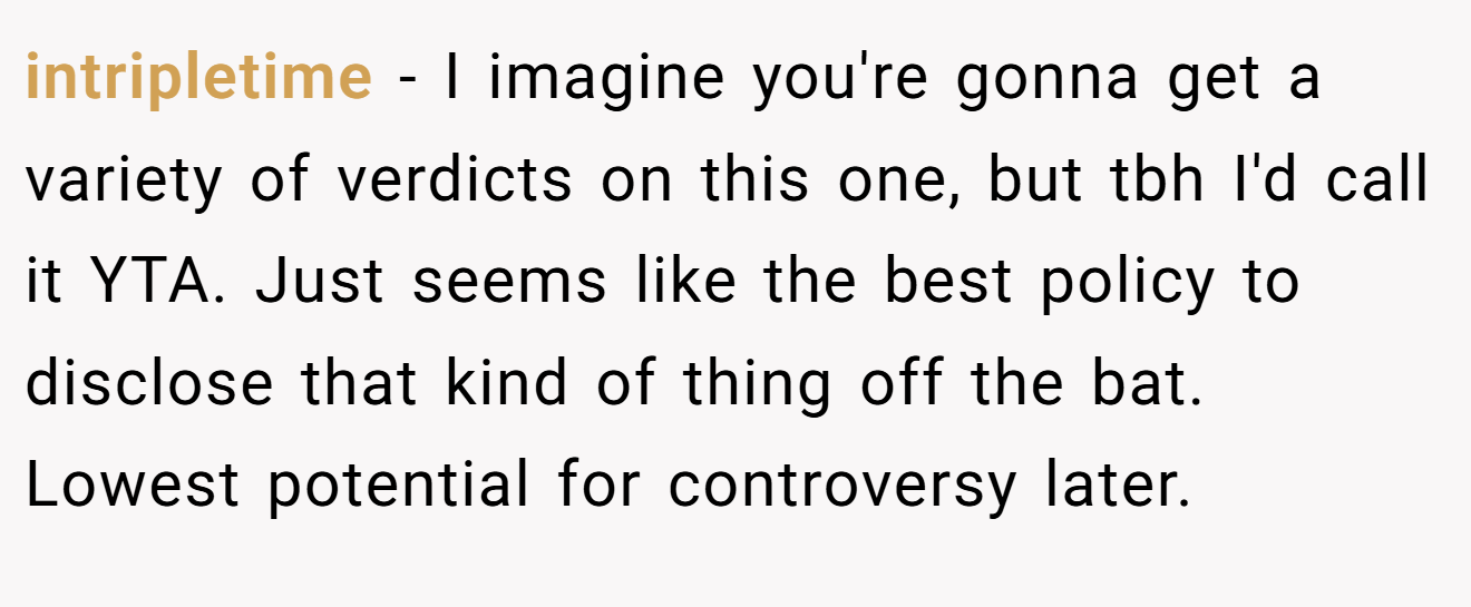 intripletime - I imagine you're gonna get a variety of verdicts on this one, but tbh I'd call it YTA. Just seems like the best policy to disclose that kind of thing off the bat. Lowest potential for controversy later.