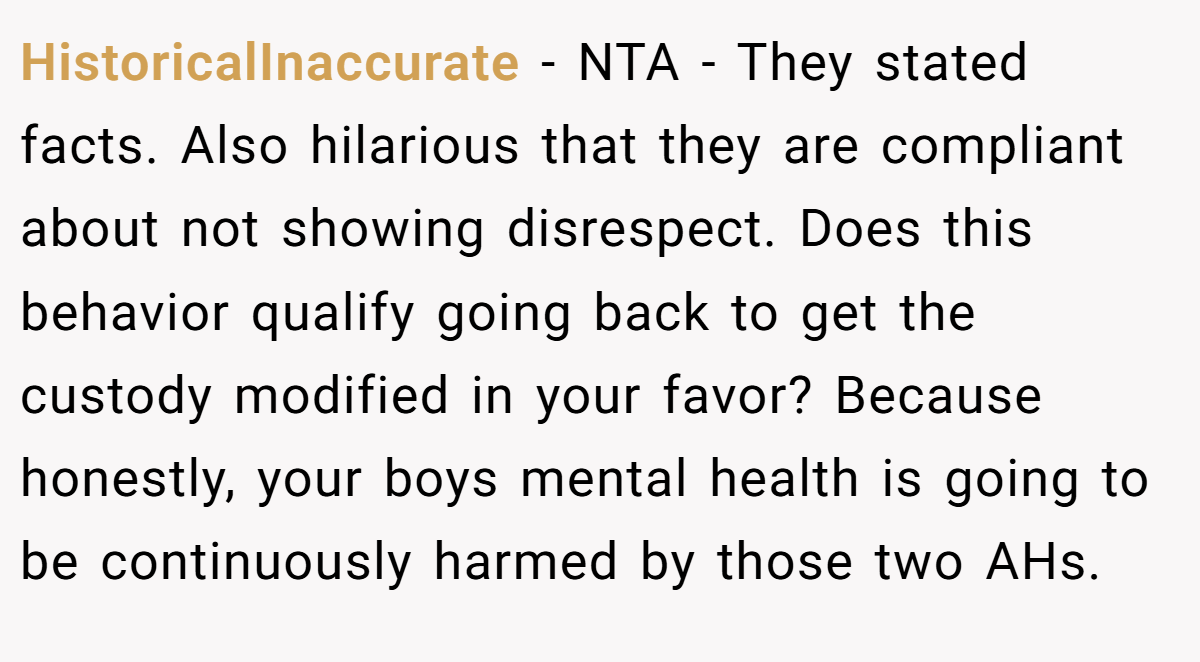 HistoricalInaccurate − NTA - They stated facts. Also hilarious that they are compliant about not showing disrespect. Does this behavior qualify going back to get the custody modified in your favor? Because honestly, your boys mental health is going to be continuously harmed by those two AHs.