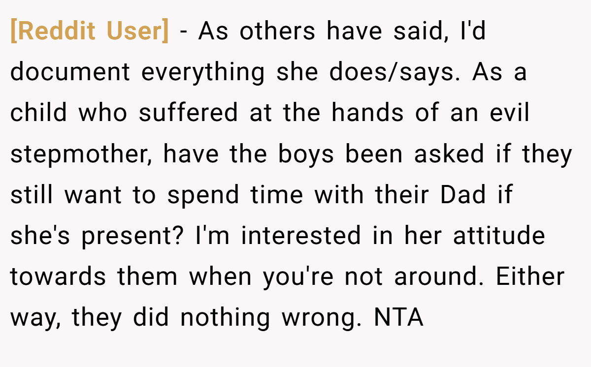 [Reddit User] − As others have said, I'd document everything she does/says. As a child who suffered at the hands of an evil stepmother, have the boys been asked if they still want to spend time with their Dad if she's present? I'm interested in her attitude towards them when you're not around. Either way, they did nothing wrong. NTA