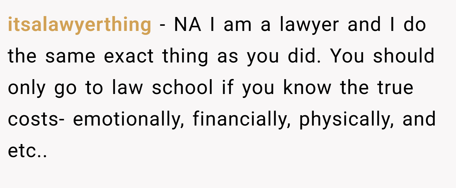 itsalawyerthing − NA I am a lawyer and I do the same exact thing as you did. You should only go to law school if you know the true costs- emotionally, financially, physically, and etc..
