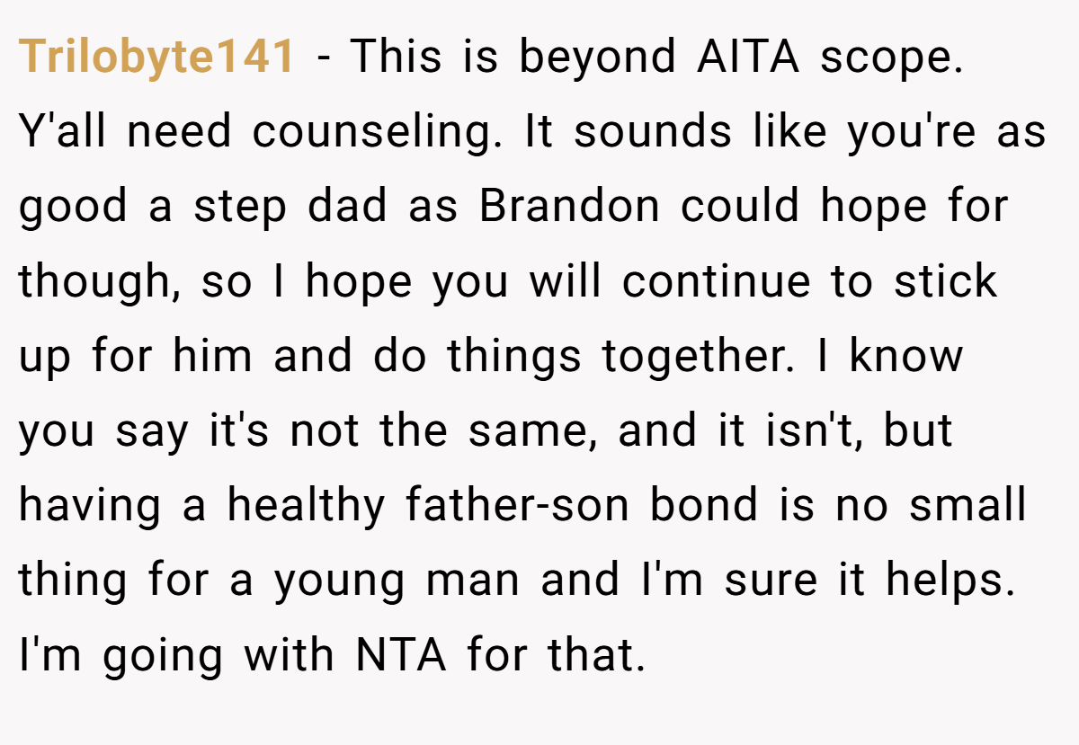 Trilobyte141 − This is beyond AITA scope. Y'all need counseling. It sounds like you're as good a step dad as Brandon could hope for though, so I hope you will continue to stick up for him and do things together. I know you say it's not the same, and it isn't, but having a healthy father-son bond is no small thing for a young man and I'm sure it helps. I'm going with NTA for that.
