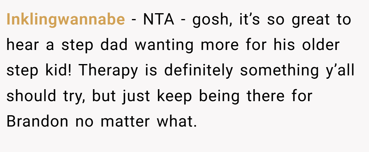 Inklingwannabe − NTA - gosh, it’s so great to hear a step dad wanting more for his older step kid! Therapy is definitely something y’all should try, but just keep being there for Brandon no matter what.