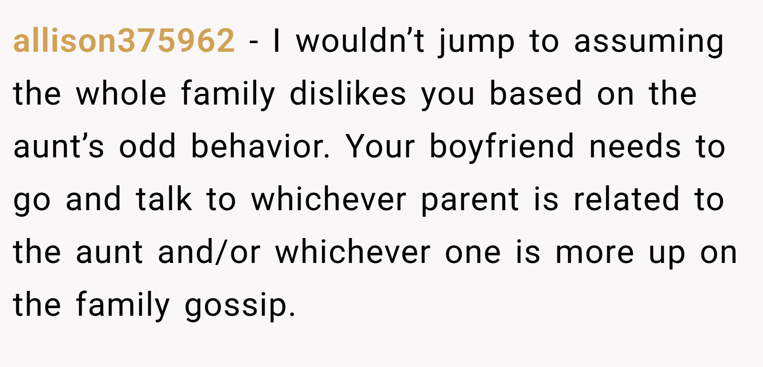 allison375962 − I wouldn’t jump to assuming the whole family dislikes you based on the aunt’s odd behavior. Your boyfriend needs to go and talk to whichever parent is related to the aunt and/or whichever one is more up on the family gossip.