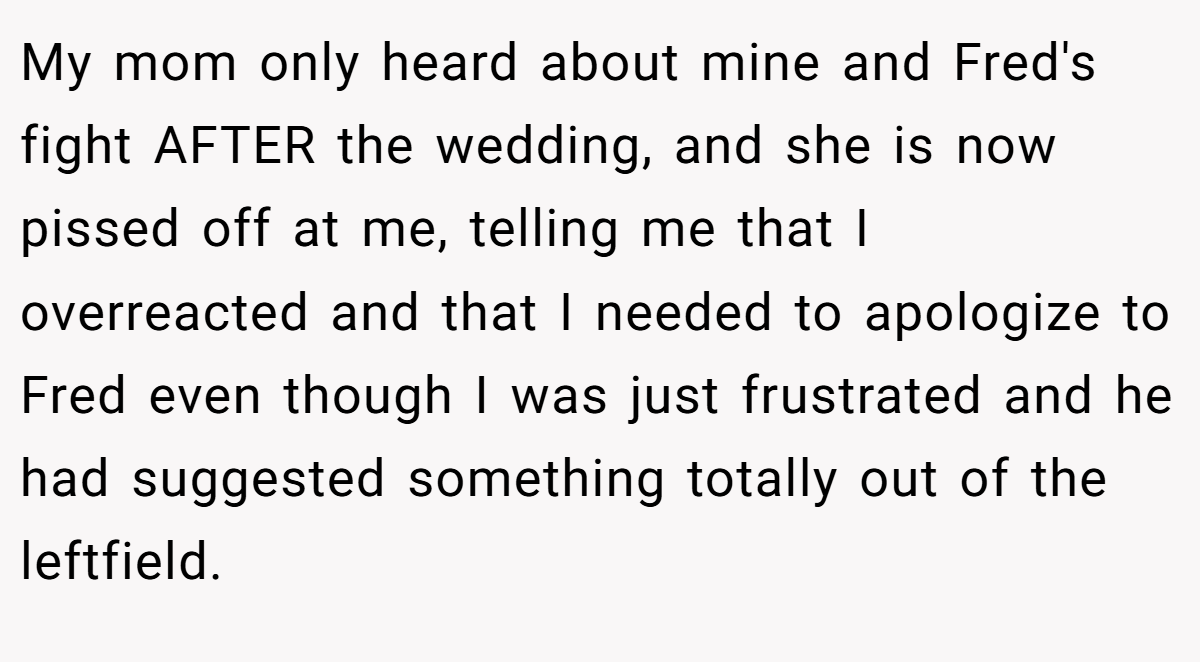 My mom only heard about mine and Fred's fight AFTER the wedding, and she is now pissed off at me, telling me that I overreacted and that I needed to apologize to Fred even though I was just frustrated and he had suggested something totally out of the leftfield.