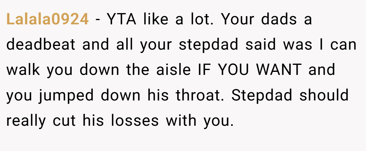 Lalala0924 - YTA like a lot. Your dads a deadbeat and all your stepdad said was I can walk you down the aisle IF YOU WANT and you jumped down his throat. Stepdad should really cut his losses with you.