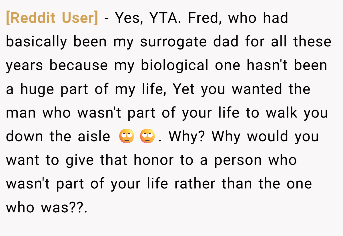 [Reddit User] - Yes, YTA. Fred, who had basically been my surrogate dad for all these years because my biological one hasn't been a huge part of my life, Yet you wanted the man who wasn't part of your life to walk you down the aisle 🙄🙄. Why? Why would you want to give that honor to a person who wasn't part of your life rather than the one who was??.
