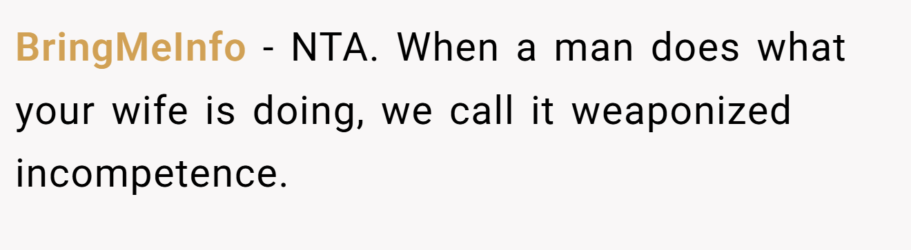 BringMeInfo - NTA. When a man does what your wife is doing, we call it weaponized incompetence.