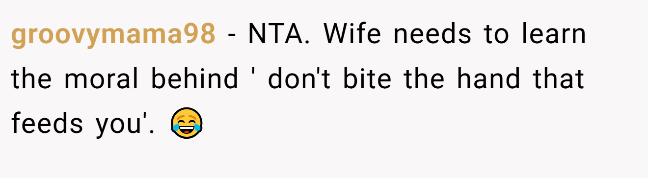 groovymama98 - NTA. Wife needs to learn the moral behind ' don't bite the hand that feeds you'. 😂