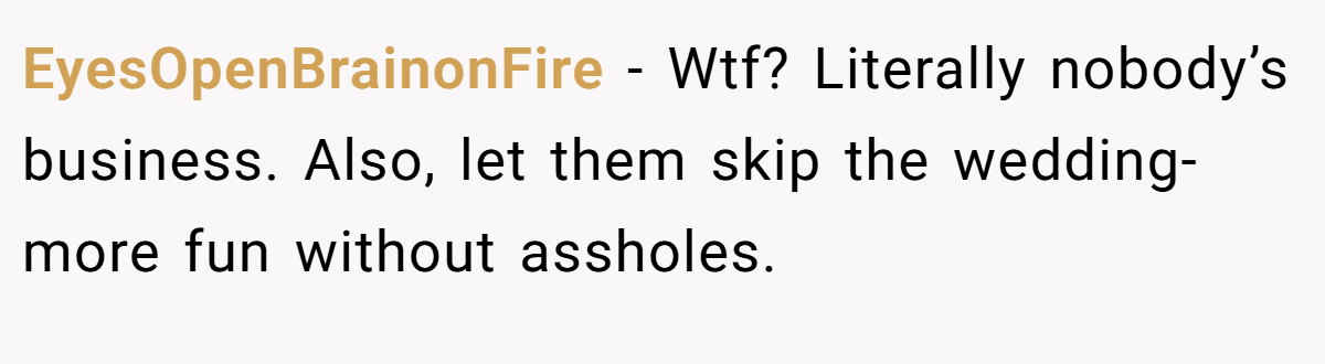 EyesOpenBrainonFire − Wtf? Literally nobody’s business. Also, let them skip the wedding- more fun without assholes.