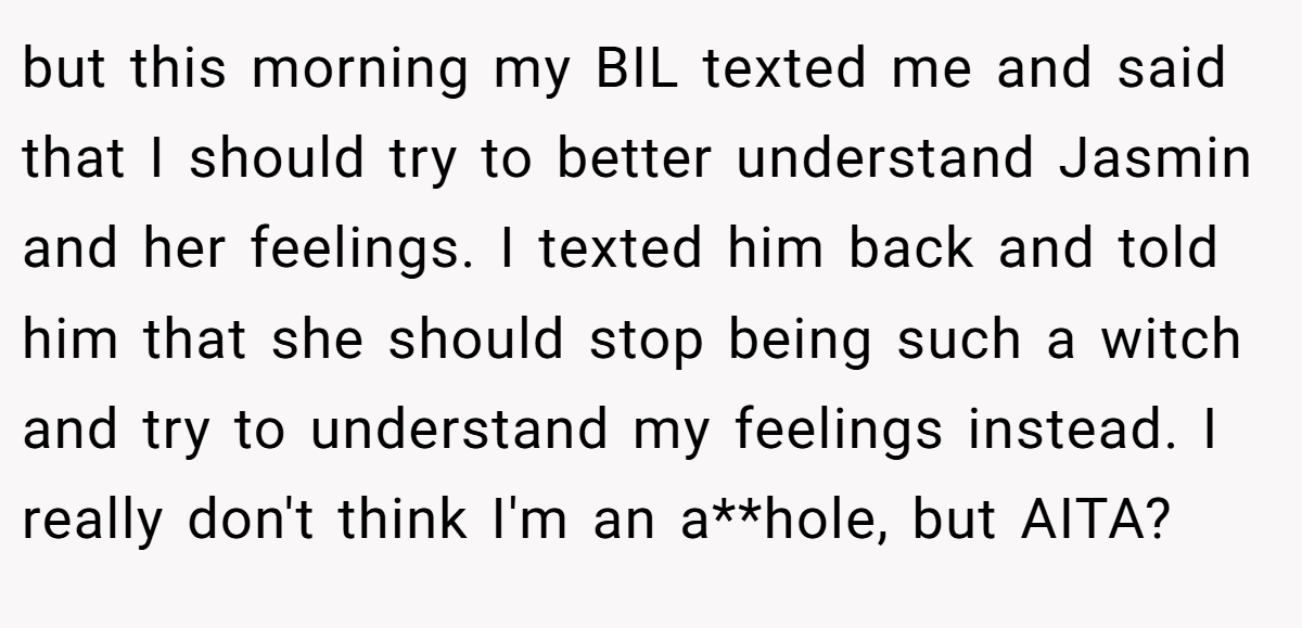 but this morning my BIL texted me and said that I should try to better understand Jasmin and her feelings. I texted him back and told him that she should stop being such a witch and try to understand my feelings instead. I really don't think I'm an a**hole, but AITA?