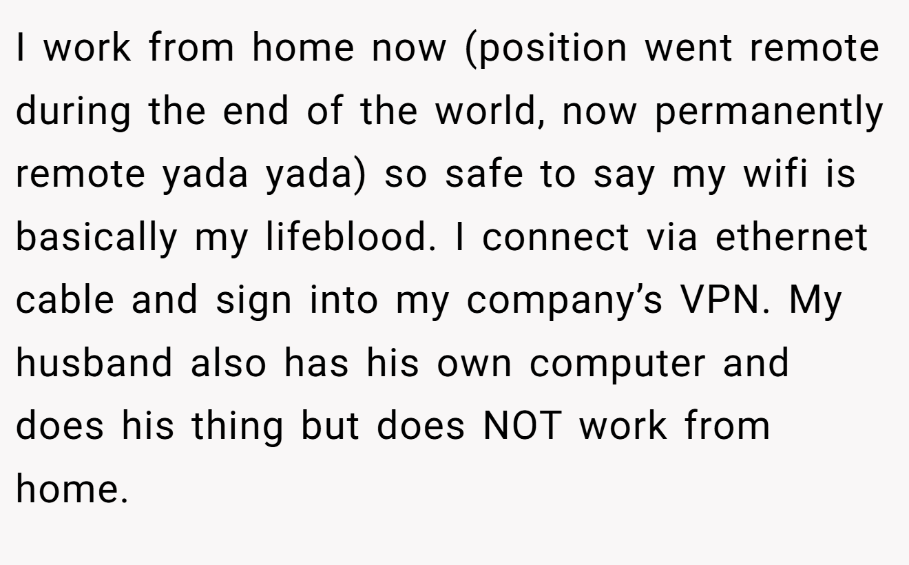I work from home now (position went remote during the end of the world, now permanently remote yada yada) so safe to say my wifi is basically my lifeblood. I connect via ethernet cable and sign into my company’s VPN. My husband also has his own computer and does his thing but does NOT work from home.