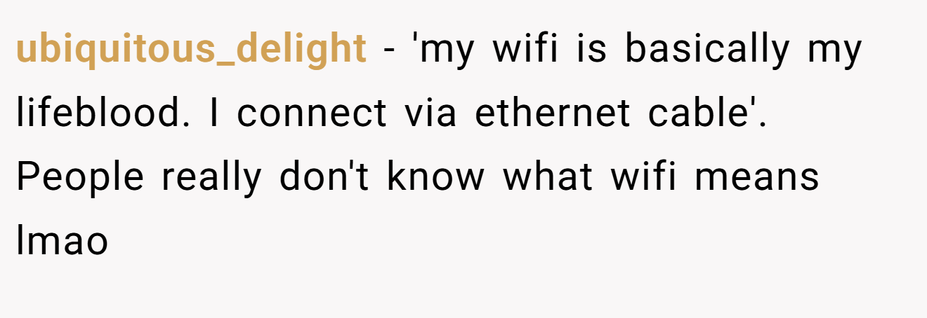 ubiquitous_delight - 'my wifi is basically my lifeblood. I connect via ethernet cable'. People really don't know what wifi means lmao