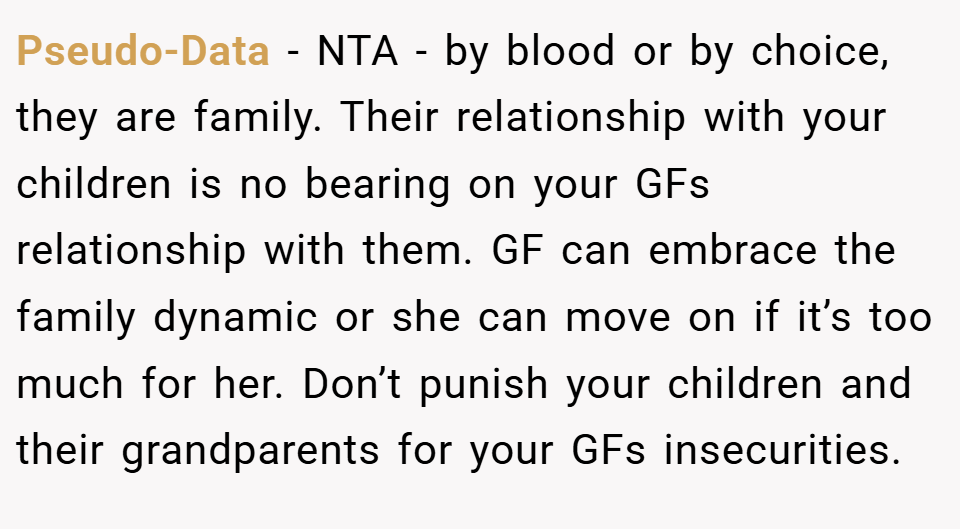 Pseudo-Data − NTA - by blood or by choice, they are family. Their relationship with your children is no bearing on your GFs relationship with them. GF can embrace the family dynamic or she can move on if it’s too much for her. Don’t punish your children and their grandparents for your GFs insecurities.