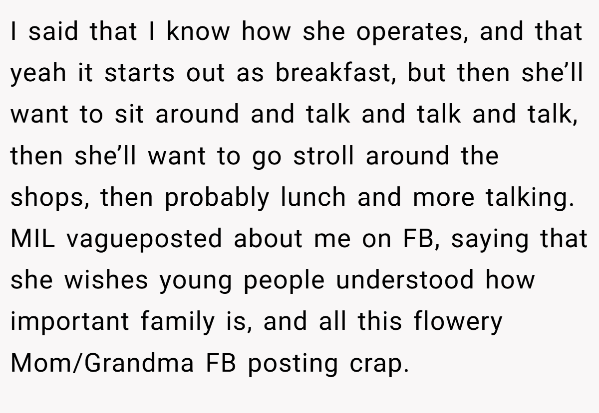 I said that I know how she operates, and that yeah it starts out as breakfast, but then she’ll want to sit around and talk and talk and talk, then she’ll want to go stroll around the shops, then probably lunch and more talking. MIL vagueposted about me on FB, saying that she wishes young people understood how important family is, and all this flowery Mom/Grandma FB posting crap.